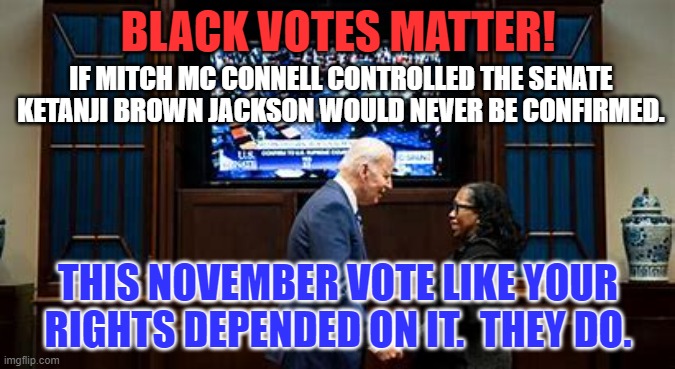 We can only blame ourselves, if they take control of the House or Senate. | BLACK VOTES MATTER! IF MITCH MC CONNELL CONTROLLED THE SENATE KETANJI BROWN JACKSON WOULD NEVER BE CONFIRMED. THIS NOVEMBER VOTE LIKE YOUR RIGHTS DEPENDED ON IT.  THEY DO. | image tagged in politics | made w/ Imgflip meme maker