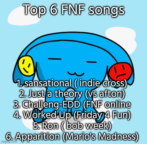 tell me your favorite in the comments | Top 6 FNF songs; 1. sansational ( indie cross)
2. Just a theory (vs afton)
3. Challeng-EDD (FNF online
4. Worked Up (Friday 4 Fun)
5. Ron ( bob week)
6. Apparition (Mario's Madness) | image tagged in ria in the clouds | made w/ Imgflip meme maker