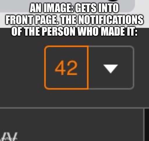 I had to spam to my alt acc to get this screenshot | AN IMAGE: GETS INTO FRONT PAGE. THE NOTIFICATIONS OF THE PERSON WHO MADE IT: | image tagged in custom template,memes,notifications | made w/ Imgflip meme maker