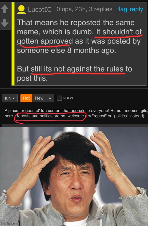 What is this | image tagged in reposts and politics are not welcome,jackie chan confused | made w/ Imgflip meme maker