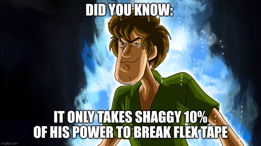 Fun fact: |  DID YOU KNOW:; IT ONLY TAKES SHAGGY 10% OF HIS POWER TO BREAK FLEX TAPE | image tagged in ultra instinct shaggy | made w/ Imgflip meme maker