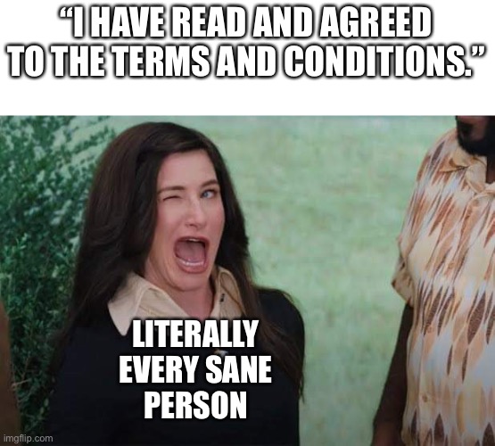 Lol | “I HAVE READ AND AGREED TO THE TERMS AND CONDITIONS.”; LITERALLY EVERY SANE PERSON | image tagged in wandavision agnes wink | made w/ Imgflip meme maker