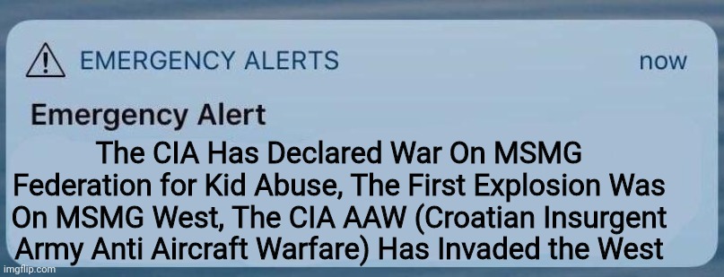Note: It's false alert  | The CIA Has Declared War On MSMG Federation for Kid Abuse, The First Explosion Was On MSMG West, The CIA AAW (Croatian Insurgent Army Anti Aircraft Warfare) Has Invaded the West | image tagged in emergency alert | made w/ Imgflip meme maker