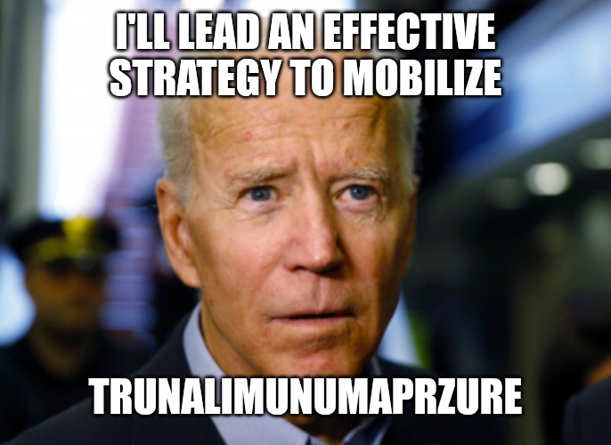 Joe Biden confused | I'LL LEAD AN EFFECTIVE STRATEGY TO MOBILIZE; TRUNALIMUNUMAPRZURE | image tagged in joe biden confused | made w/ Imgflip meme maker