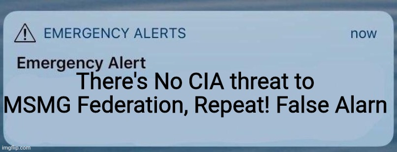 emergency alert | There's No CIA threat to MSMG Federation, Repeat! False Alarn | image tagged in emergency alert | made w/ Imgflip meme maker
