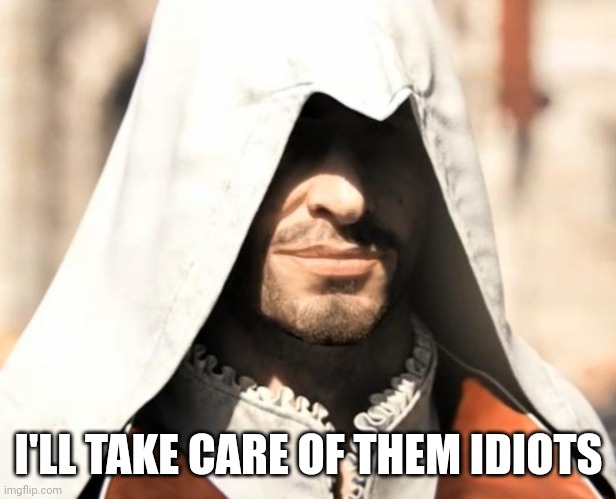 Ezio approves | I'LL TAKE CARE OF THEM IDIOTS | image tagged in ezio approves | made w/ Imgflip meme maker