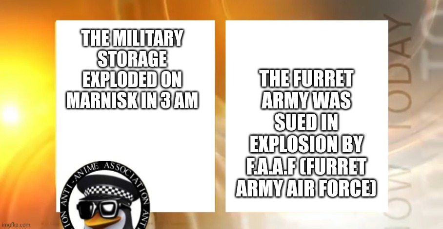 Anti-Anime News | THE FURRET ARMY WAS SUED IN EXPLOSION BY F.A.A.F (FURRET ARMY AIR FORCE); THE MILITARY STORAGE EXPLODED ON MARNISK IN 3 AM | image tagged in anti-anime news | made w/ Imgflip meme maker