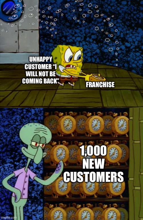 Not a scratch | UNHAPPY CUSTOMER “I WILL NOT BE COMING BACK”; FRANCHISE; 1,000 NEW CUSTOMERS | image tagged in spongebob vs squidward alarm clocks | made w/ Imgflip meme maker