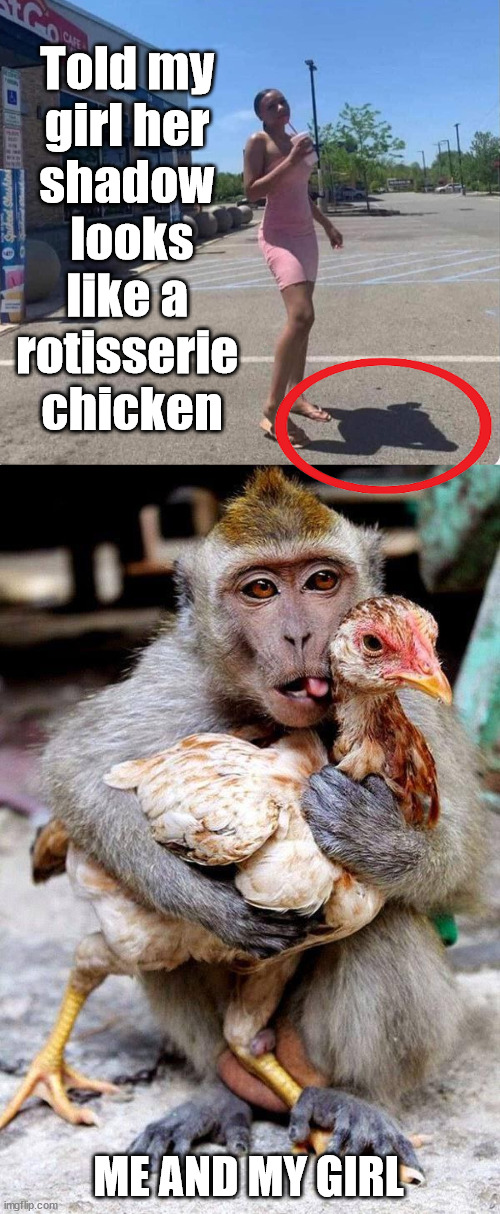 It was worth it | Told my 
girl her 
shadow 
looks
like a 
rotisserie 
chicken; ME AND MY GIRL | image tagged in monkey chicken,girlfriend | made w/ Imgflip meme maker