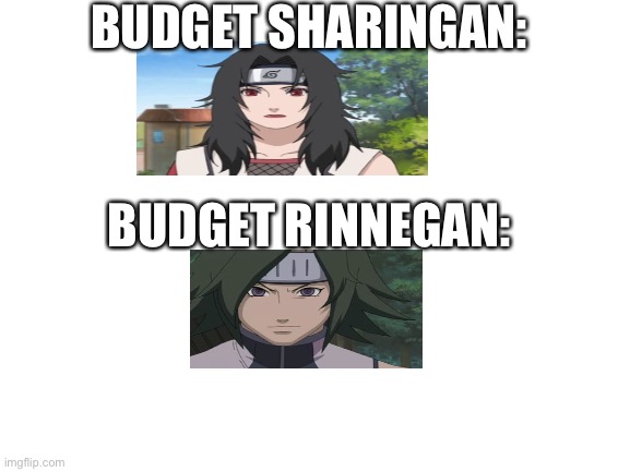 Blank White Template | BUDGET SHARINGAN:; BUDGET RINNEGAN: | image tagged in blank white template | made w/ Imgflip meme maker