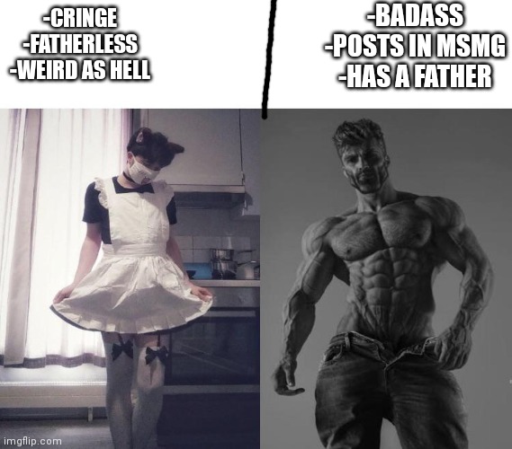 Giga chad vs femboy | -BADASS
-POSTS IN MSMG
-HAS A FATHER; -CRINGE
-FATHERLESS
-WEIRD AS HELL | image tagged in giga chad vs femboy | made w/ Imgflip meme maker