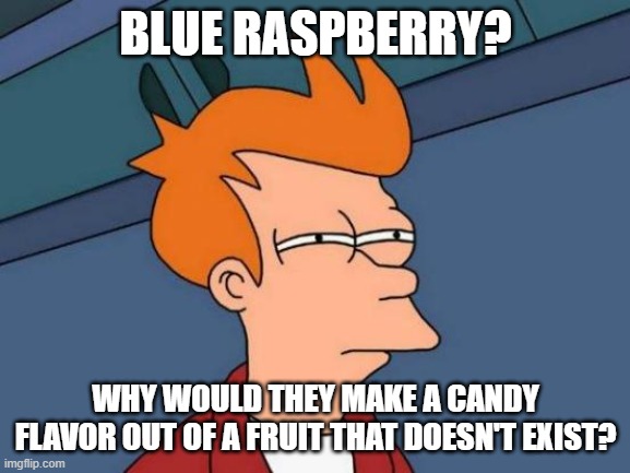 Hmm..... | BLUE RASPBERRY? WHY WOULD THEY MAKE A CANDY FLAVOR OUT OF A FRUIT THAT DOESN'T EXIST? | image tagged in memes,futurama fry,blue raspberry,confused,fun | made w/ Imgflip meme maker