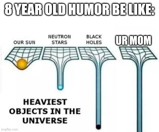 heaviest objects | 8 YEAR OLD HUMOR BE LIKE:; UR MOM | image tagged in heaviest objects | made w/ Imgflip meme maker