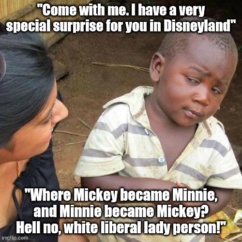 He remembered when the Clinton's took his friends to Disneyland and they never came back. | "Come with me. I have a very special surprise for you in Disneyland"; "Where Mickey became Minnie, and Minnie became Mickey? Hell no, white liberal lady person!" | image tagged in memes,third world skeptical kid | made w/ Imgflip meme maker