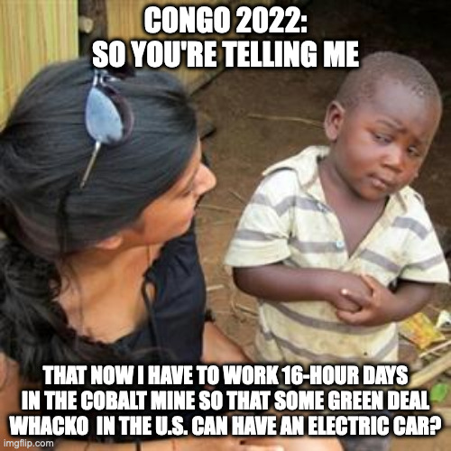 Child Labor Enslavement | CONGO 2022:
SO YOU'RE TELLING ME; THAT NOW I HAVE TO WORK 16-HOUR DAYS IN THE COBALT MINE SO THAT SOME GREEN DEAL WHACKO  IN THE U.S. CAN HAVE AN ELECTRIC CAR? | image tagged in so youre telling me | made w/ Imgflip meme maker