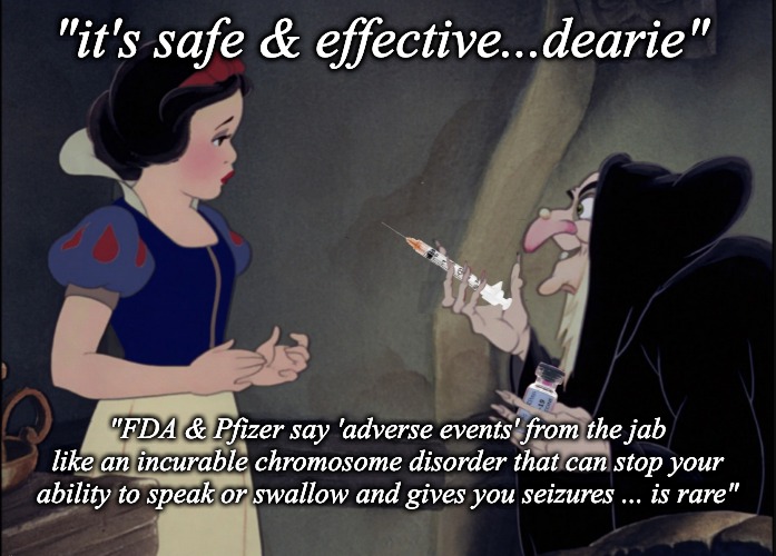 it's safe & effective, dearie | "it's safe & effective...dearie"; "FDA & Pfizer say 'adverse events' from the jab like an incurable chromosome disorder that can stop your ability to speak or swallow and gives you seizures ... is rare" | image tagged in snow white covid vax | made w/ Imgflip meme maker