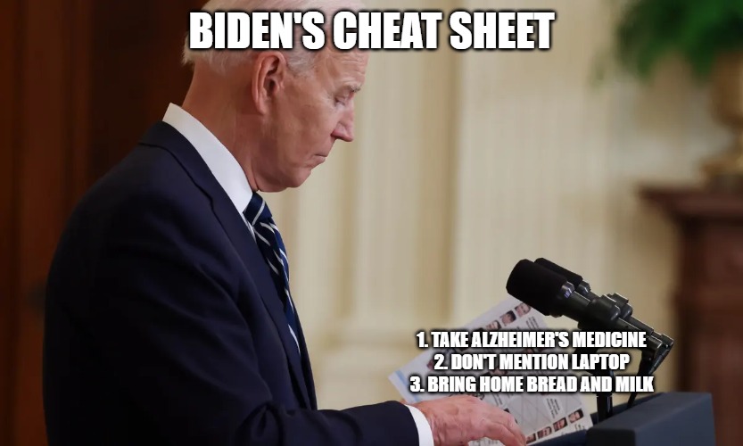 Joe Biden | BIDEN'S CHEAT SHEET; 1. TAKE ALZHEIMER'S MEDICINE
2. DON'T MENTION LAPTOP
3. BRING HOME BREAD AND MILK | image tagged in joe biden | made w/ Imgflip meme maker