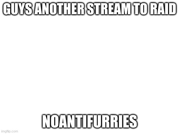 link in comments | GUYS ANOTHER STREAM TO RAID; NOANTIFURRIES | image tagged in blank white template | made w/ Imgflip meme maker