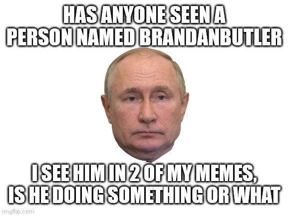 Anyone? | HAS ANYONE SEEN A PERSON NAMED BRANDANBUTLER; I SEE HIM IN 2 OF MY MEMES, IS HE DOING SOMETHING OR WHAT | image tagged in blank white template | made w/ Imgflip meme maker