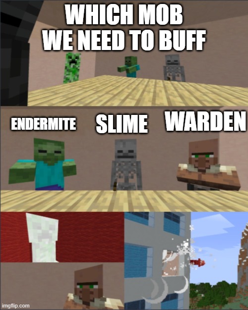 Minecraft boardroom meeting | WHICH MOB WE NEED TO BUFF; WARDEN; SLIME; ENDERMITE | image tagged in minecraft boardroom meeting | made w/ Imgflip meme maker