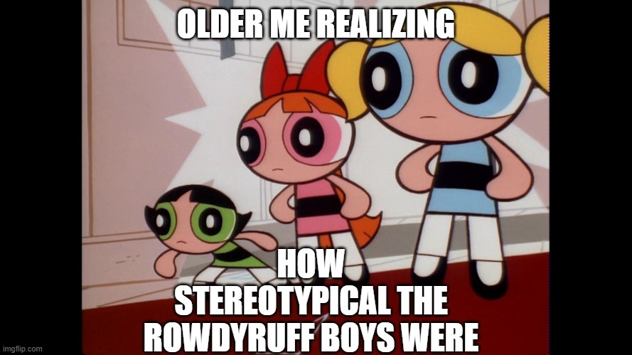 Powerpuff Meme Lol | HOW STEREOTYPICAL THE ROWDYRUFF BOYS WERE; OLDER ME REALIZING | image tagged in powerpuff girls wat | made w/ Imgflip meme maker
