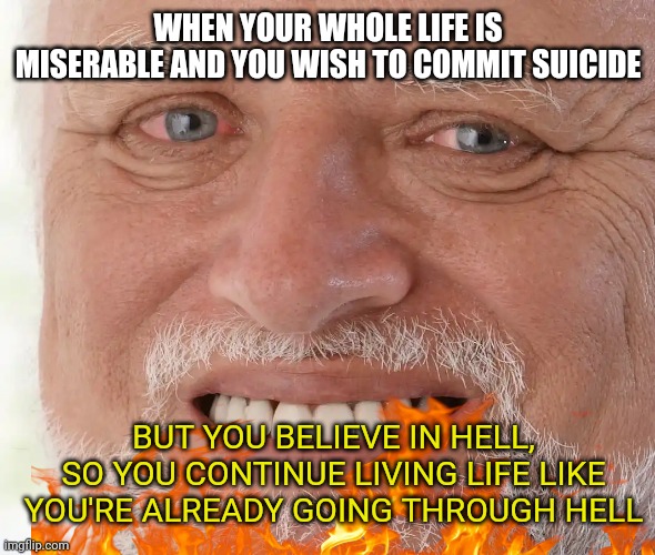 Hell on earth | WHEN YOUR WHOLE LIFE IS MISERABLE AND YOU WISH TO COMMIT SUICIDE; BUT YOU BELIEVE IN HELL, SO YOU CONTINUE LIVING LIFE LIKE YOU'RE ALREADY GOING THROUGH HELL | image tagged in hide the pain harold | made w/ Imgflip meme maker