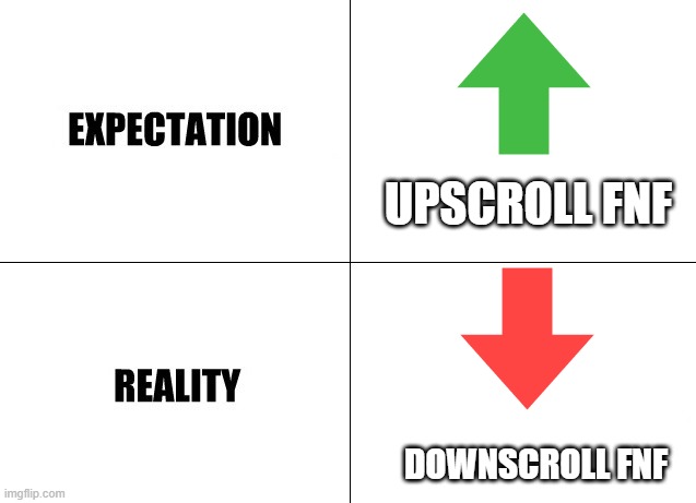 i used upscroll tho |  UPSCROLL FNF; DOWNSCROLL FNF | image tagged in expectation vs reality,fnf | made w/ Imgflip meme maker