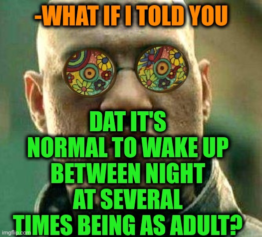 -Normal thing. |  DAT IT'S NORMAL TO WAKE UP BETWEEN NIGHT AT SEVERAL TIMES BEING AS ADULT? -WHAT IF I TOLD YOU | image tagged in acid kicks in morpheus,saturday night live,goku sleeping wake up,new normal,adult humor,what if i told you | made w/ Imgflip meme maker