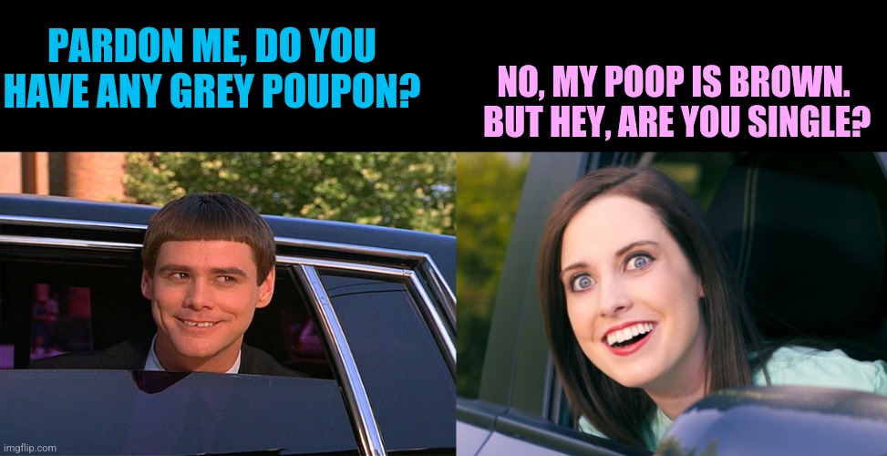 When Harry met Crazy | PARDON ME, DO YOU HAVE ANY GREY POUPON? NO, MY POOP IS BROWN.  BUT HEY, ARE YOU SINGLE? | image tagged in dumb and dumber,oag,crazy girlfriend,grey poupon,tv ads | made w/ Imgflip meme maker