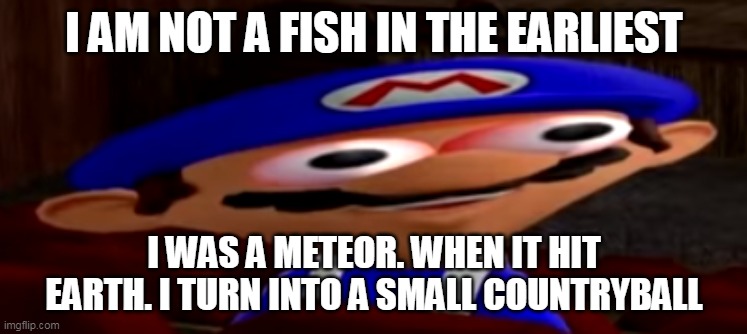 smg4 stare | I AM NOT A FISH IN THE EARLIEST; I WAS A METEOR. WHEN IT HIT EARTH. I TURN INTO A SMALL COUNTRYBALL | image tagged in smg4 stare | made w/ Imgflip meme maker