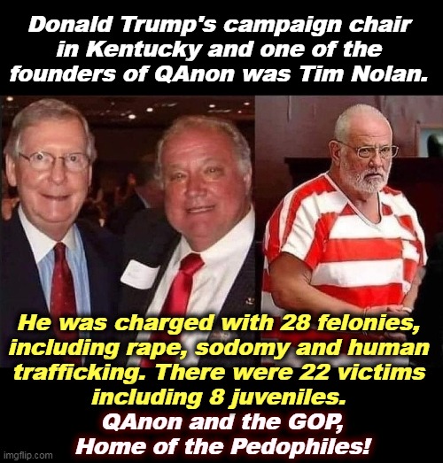 No Democrats here. Not one. A QAnon/GOP exclusive. | Donald Trump's campaign chair 
in Kentucky and one of the 
founders of QAnon was Tim Nolan. He was charged with 28 felonies, 
including rаpe, sodomy and human 
trafficking. There were 22 victims 
including 8 juveniles. QAnon and the GOP, Home of the Pedophiles! | image tagged in pedophiles,only,republicans,qanon | made w/ Imgflip meme maker
