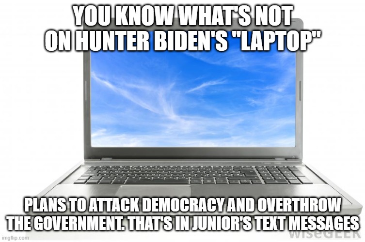 Computer | YOU KNOW WHAT'S NOT ON HUNTER BIDEN'S "LAPTOP"; PLANS TO ATTACK DEMOCRACY AND OVERTHROW THE GOVERNMENT. THAT'S IN JUNIOR'S TEXT MESSAGES | image tagged in computer | made w/ Imgflip meme maker