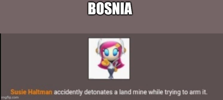 Susie hält an detonates a landmine | BOSNIA | image tagged in susie h lt an detonates a landmine | made w/ Imgflip meme maker