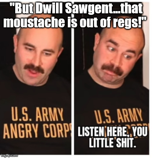 #angrymemereview | "But Dwill Sawgent...that moustache is out of regs!" | image tagged in army,drill sergeant,moustache | made w/ Imgflip meme maker