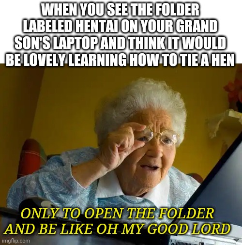 Grandma Finds The Internet Meme | WHEN YOU SEE THE FOLDER LABELED HENTAI ON YOUR GRAND SON'S LAPTOP AND THINK IT WOULD BE LOVELY LEARNING HOW TO TIE A HEN; ONLY TO OPEN THE FOLDER AND BE LIKE OH MY GOOD LORD | image tagged in memes,grandma finds the internet | made w/ Imgflip meme maker