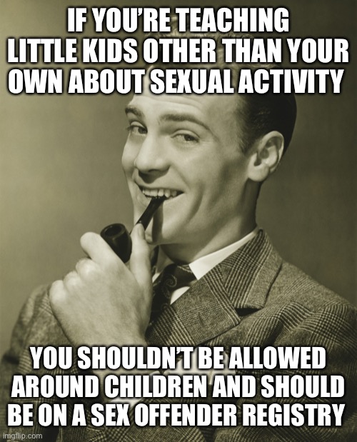 Ok groomer | IF YOU’RE TEACHING LITTLE KIDS OTHER THAN YOUR OWN ABOUT SEXUAL ACTIVITY YOU SHOULDN’T BE ALLOWED AROUND CHILDREN AND SHOULD BE ON A SEX OFF | image tagged in smug | made w/ Imgflip meme maker