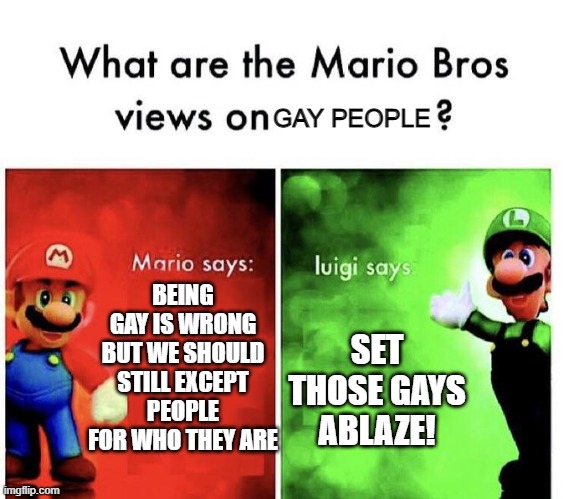 Mario Bros Views | BEING GAY IS WRONG BUT WE SHOULD STILL EXCEPT PEOPLE FOR WHO THEY ARE SET THOSE GAYS ABLAZE! GAY PEOPLE | image tagged in lgbtq,mario bros views | made w/ Imgflip meme maker
