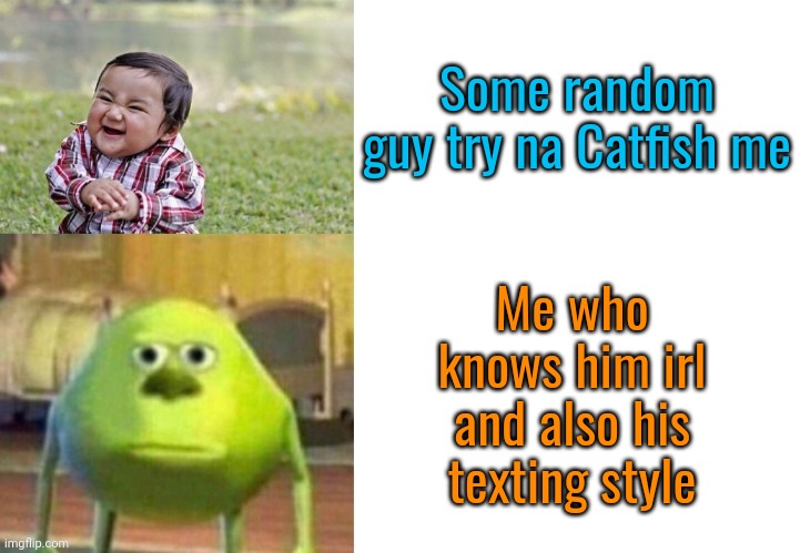 Not funny | Some random guy try na Catfish me; Me who knows him irl and also his texting style | image tagged in not funny | made w/ Imgflip meme maker