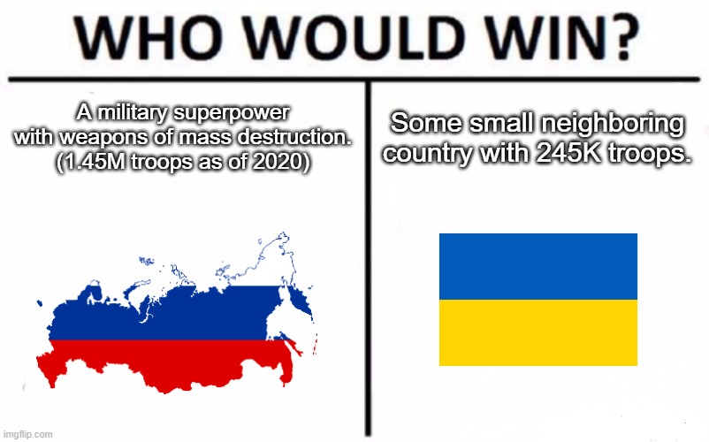 not a very clever title |  A military superpower with weapons of mass destruction. (1.45M troops as of 2020); Some small neighboring country with 245K troops. | image tagged in memes,who would win,ww3 | made w/ Imgflip meme maker