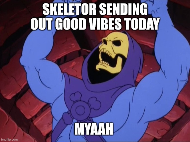 Skeletor | SKELETOR SENDING OUT GOOD VIBES TODAY; MYAAH | image tagged in skeletor | made w/ Imgflip meme maker