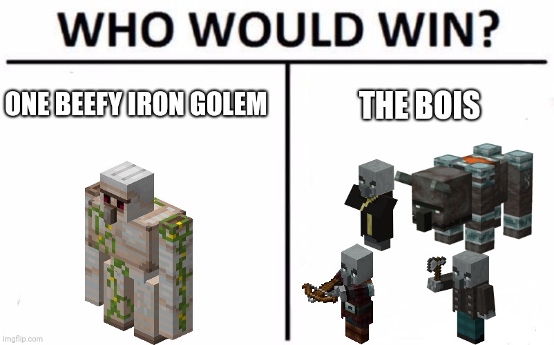 minecraft | ONE BEEFY IRON GOLEM; THE BOIS | image tagged in memes,who would win | made w/ Imgflip meme maker