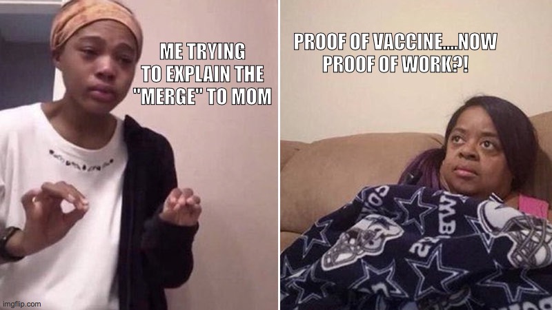 Me explaining to my mom | ME TRYING TO EXPLAIN THE "MERGE" TO MOM; PROOF OF VACCINE....NOW PROOF OF WORK?! | image tagged in me explaining to my mom | made w/ Imgflip meme maker