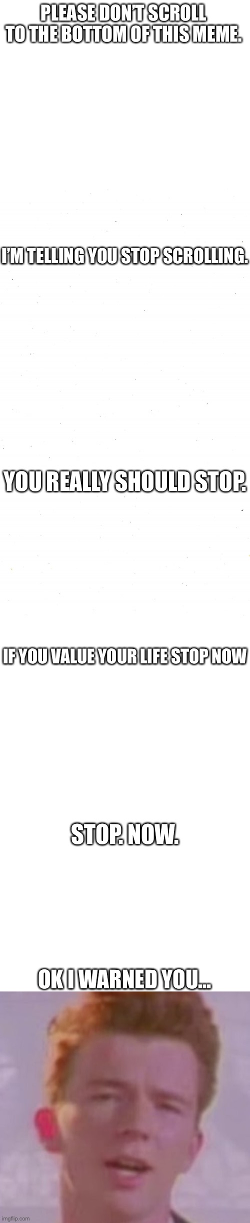 Do not scroll. | PLEASE DON’T SCROLL TO THE BOTTOM OF THIS MEME. I’M TELLING YOU STOP SCROLLING. YOU REALLY SHOULD STOP. IF YOU VALUE YOUR LIFE STOP NOW; STOP. NOW. OK I WARNED YOU… | image tagged in blank white template,plain white | made w/ Imgflip meme maker