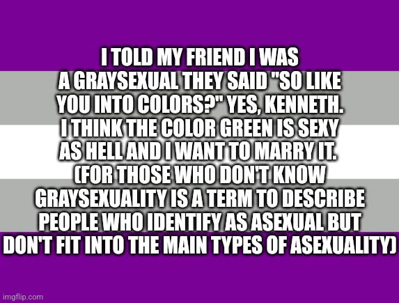 Also Yes Graysexuality is a real thing (it's not like the fake sexuality) | I TOLD MY FRIEND I WAS A GRAYSEXUAL THEY SAID "SO LIKE YOU INTO COLORS?" YES, KENNETH. I THINK THE COLOR GREEN IS SEXY AS HELL AND I WANT TO MARRY IT. 
(FOR THOSE WHO DON'T KNOW GRAYSEXUALITY IS A TERM TO DESCRIBE PEOPLE WHO IDENTIFY AS ASEXUAL BUT DON'T FIT INTO THE MAIN TYPES OF ASEXUALITY) | image tagged in gray | made w/ Imgflip meme maker