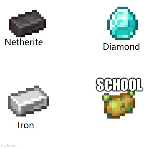 School | SCHOOL | image tagged in netherite diamond iron | made w/ Imgflip meme maker