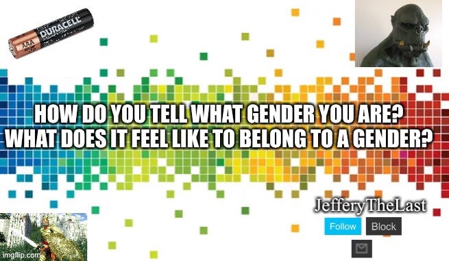 More advice please | HOW DO YOU TELL WHAT GENDER YOU ARE? WHAT DOES IT FEEL LIKE TO BELONG TO A GENDER? | image tagged in lgbtq,gender identity,advice,freeeeeedom lady | made w/ Imgflip meme maker