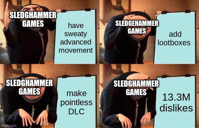 outdated but funny cod meme | SLEDGHAMMER GAMES; SLEDGEHAMMER GAMES; have sweaty advanced movement; add lootboxes; SLEDGHAMMER GAMES; SLEDGHAMMER GAMES; make pointless DLC; 13.3M dislikes | image tagged in memes,gru's plan | made w/ Imgflip meme maker