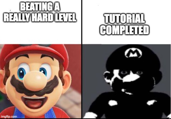 bruh | BEATING A REALLY HARD LEVEL; TUTORIAL COMPLETED | image tagged in happy mario vs dark mario | made w/ Imgflip meme maker