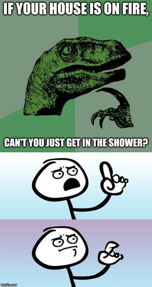 I never thought about it that way... | IF YOUR HOUSE IS ON FIRE, CAN'T YOU JUST GET IN THE SHOWER? | image tagged in memes,philosoraptor,wait a minute never mind,onevilage,hol up,thinking thoughts | made w/ Imgflip meme maker