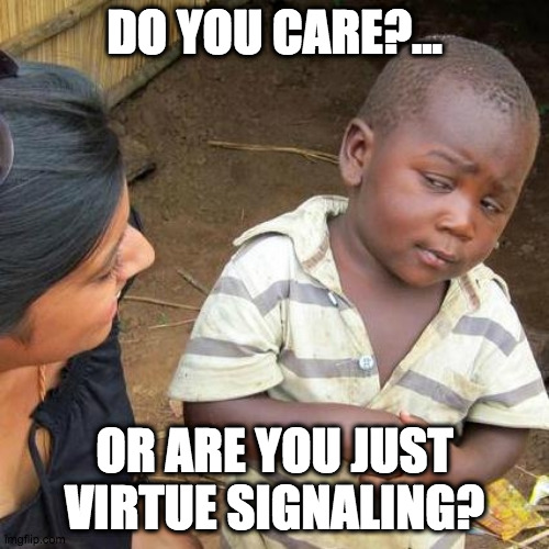 Seriously? | DO YOU CARE?... OR ARE YOU JUST VIRTUE SIGNALING? | image tagged in memes,third world skeptical kid | made w/ Imgflip meme maker